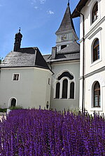 Stadtpfarrkirche Wörgl, Süd-Ost-Ansicht mit violett blühenden Gräsern